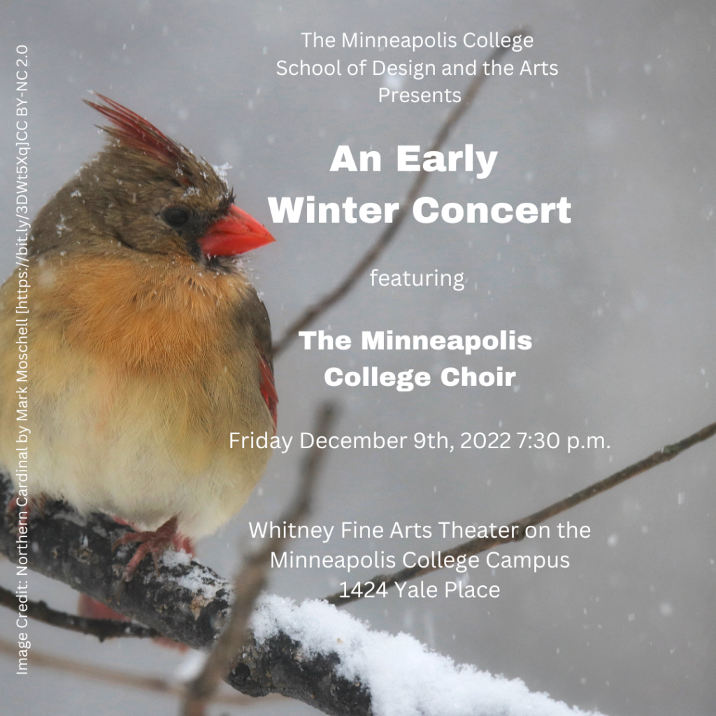 Graphic of bird on a snow laden branch with concert info printed on it. Concert info is in the post.
